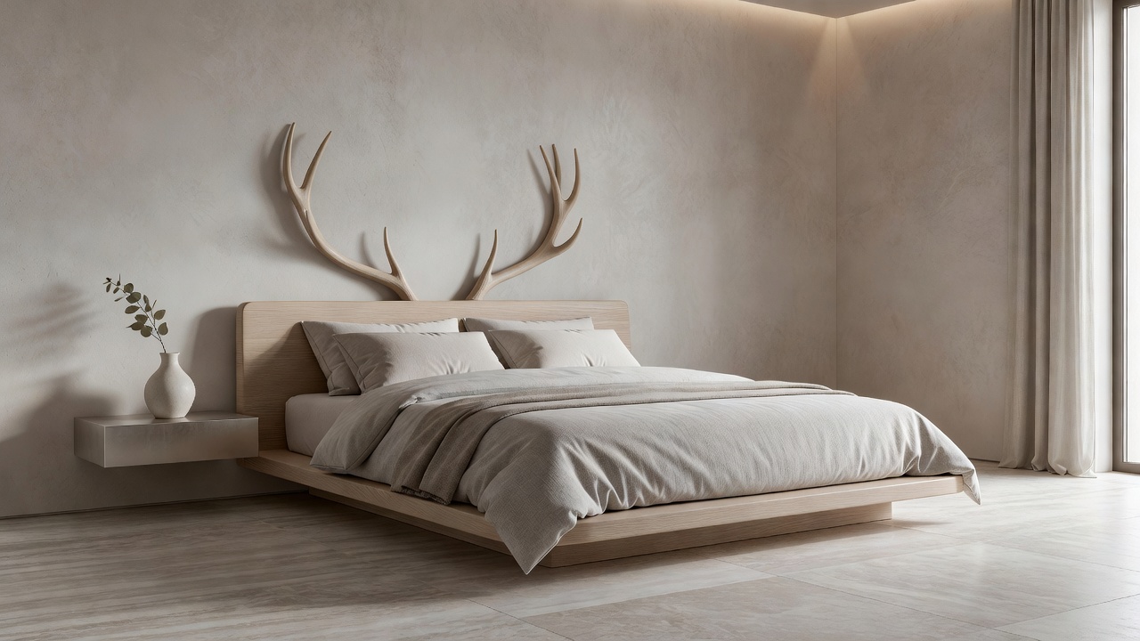 Deer Design Soft Mineral Bedroom Minimal Luxury showing organic sand colors and rich plaster textures