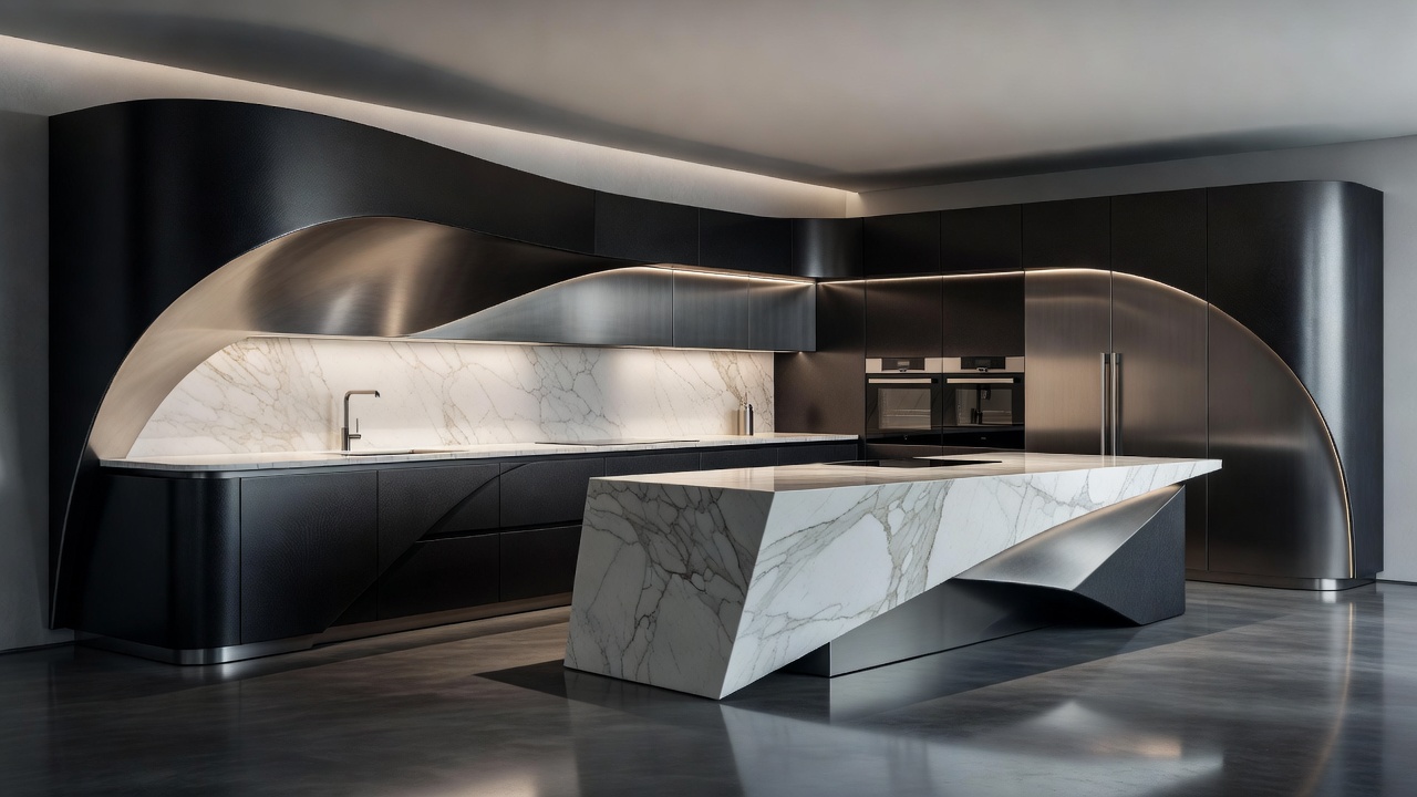 HOLA Design Avant-Garde Luxury Kitchen Concept showing liquid metal surfaces and custom stone slabs