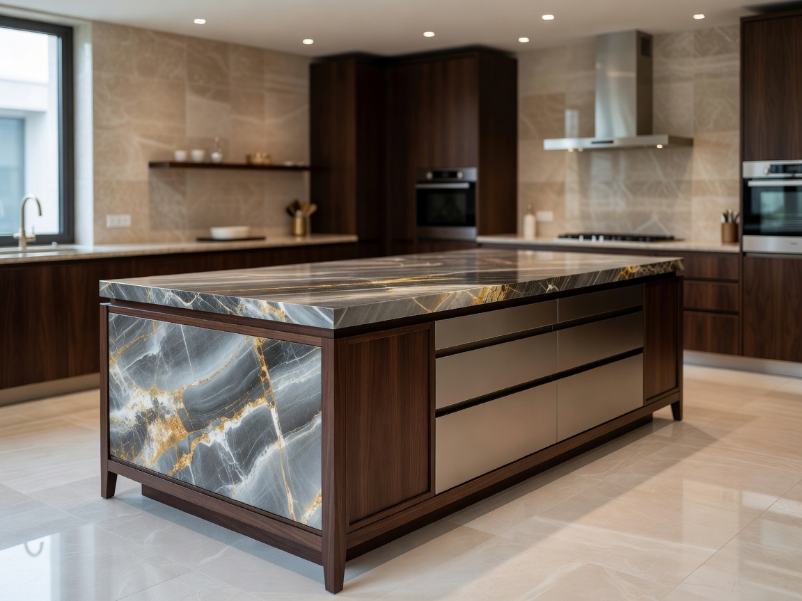 HOLA Design luxury kitchen with a monolithic marble island and brushed brass fixtures