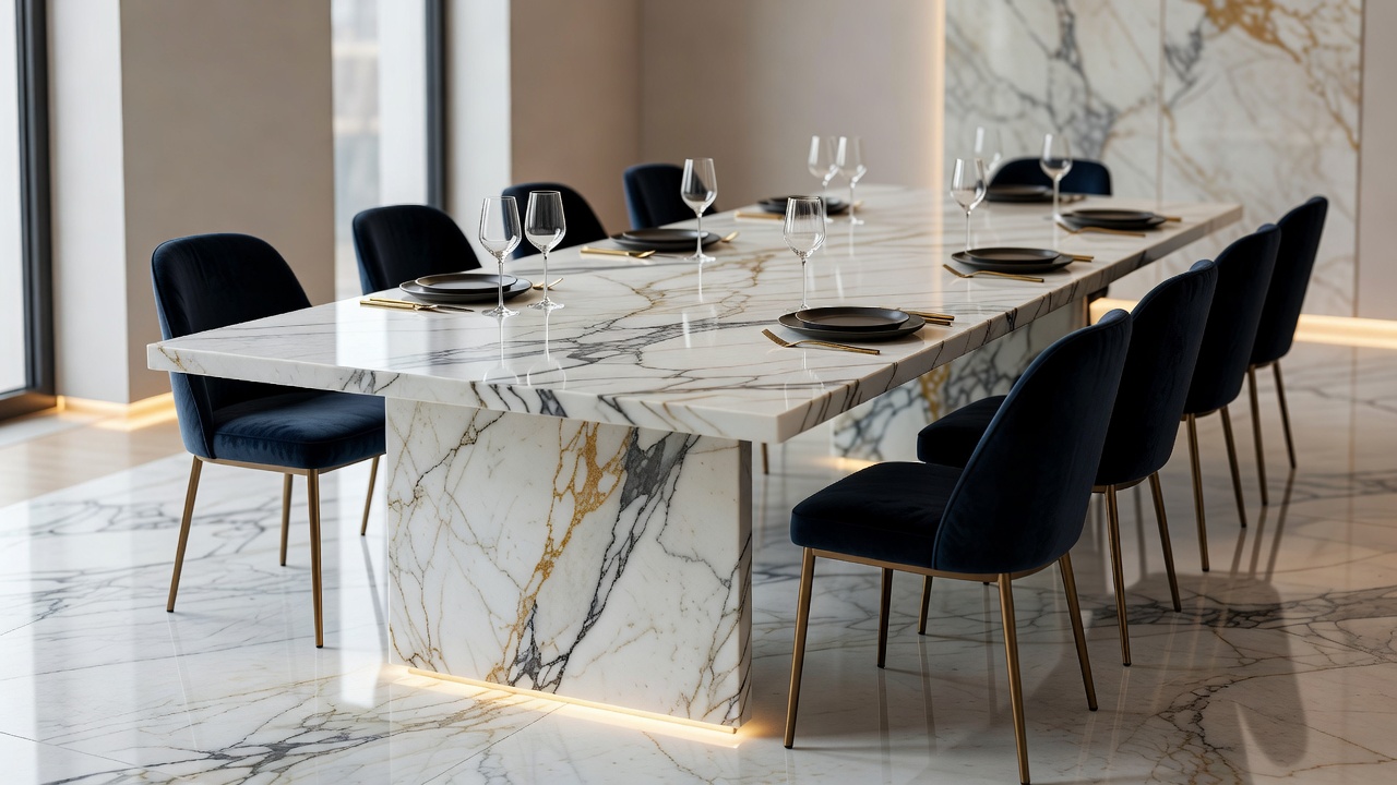 JT Grupa Majestic Marble Dining Concept featuring dramatic slab layout and ambient lighting