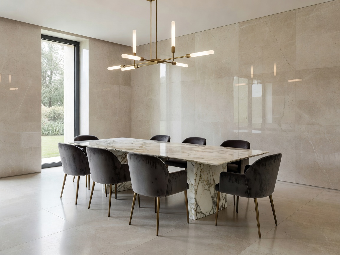 JT Grupa premium marble dining space highlighted by custom sculptural light fixture