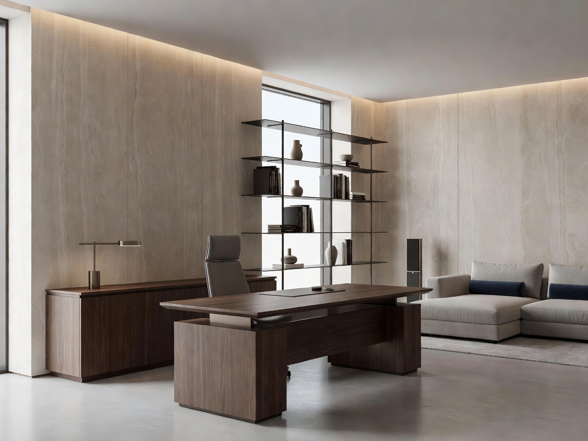 KODO Projects modern minimalist home study featuring custom dark oak integrated storage