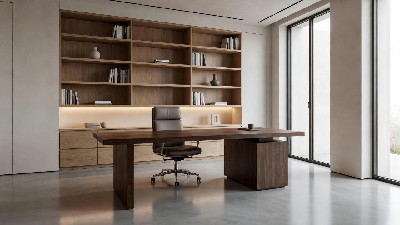 KODO Projects Polished Modern Study Interior showing geometric built-ins and smart climate controls