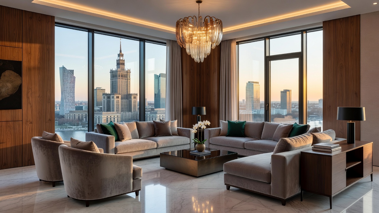 LuxArte Signature High-end Warsaw Living Room showing symmetrical moldings and custom marble fireplace