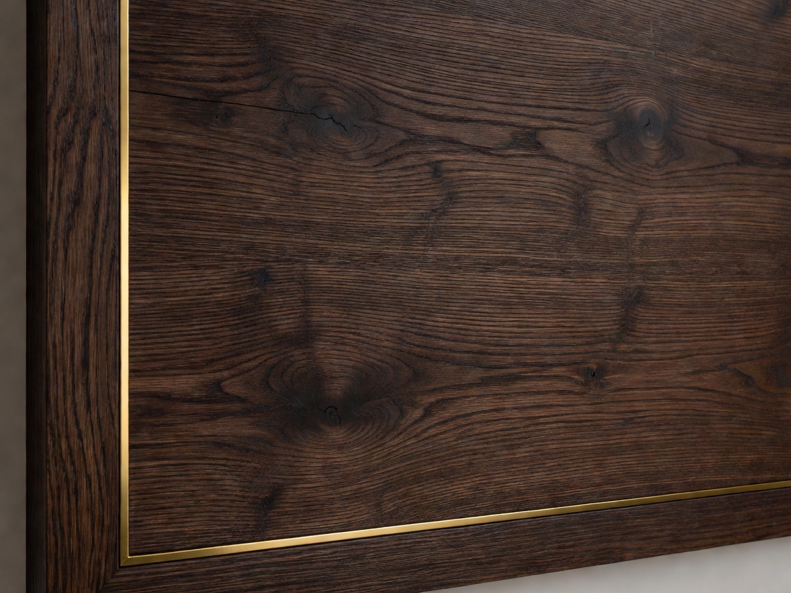 Warm smoked oak wood wall panel accented by soft gold trim details
